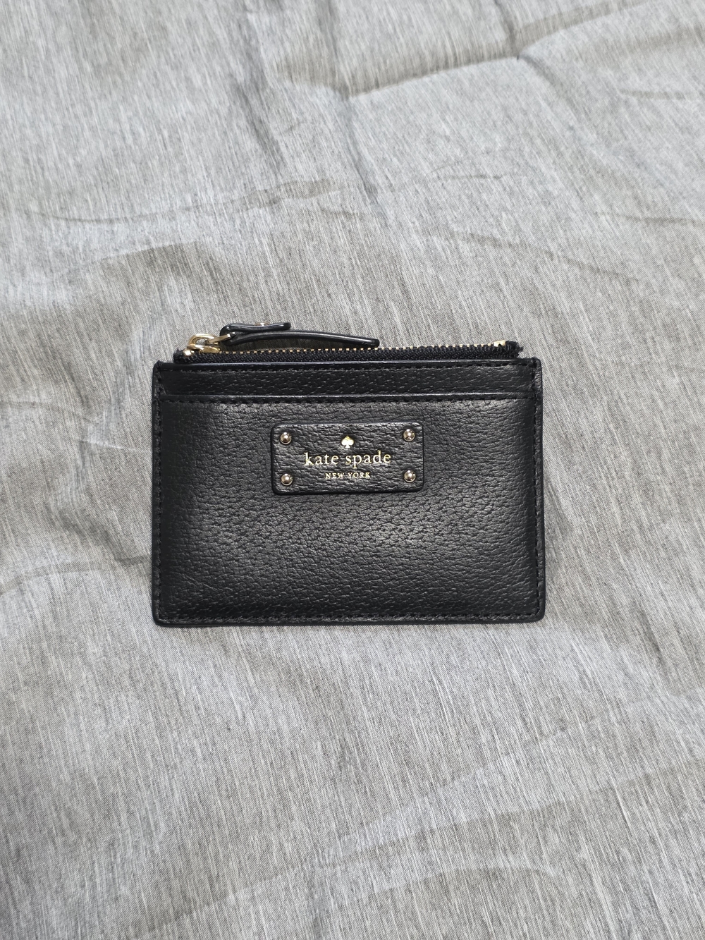 kate spade Black Pebbled Leather Card & Coin Holder with Gold Hardware